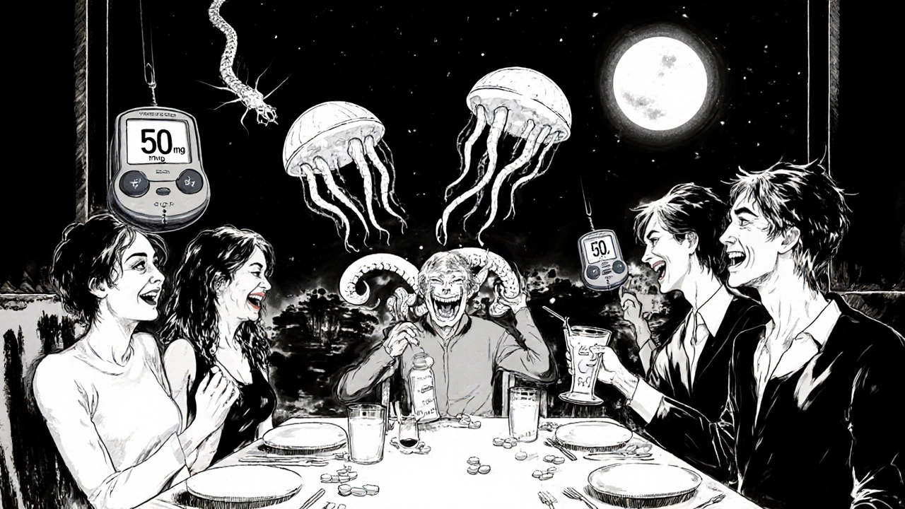 A dinner scene where a diabetic person is dissolving into a hollow husk, surrounded by floating glucose monitors showing dangerously low levels.