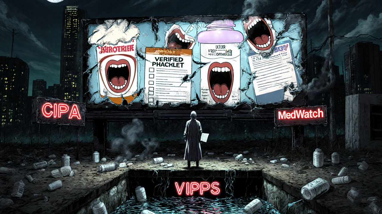 A figure stands before a crumbling digital billboard where verified pharmacy logos reveal monstrous mouths beneath, as pill bottles flow into a dark sewer.