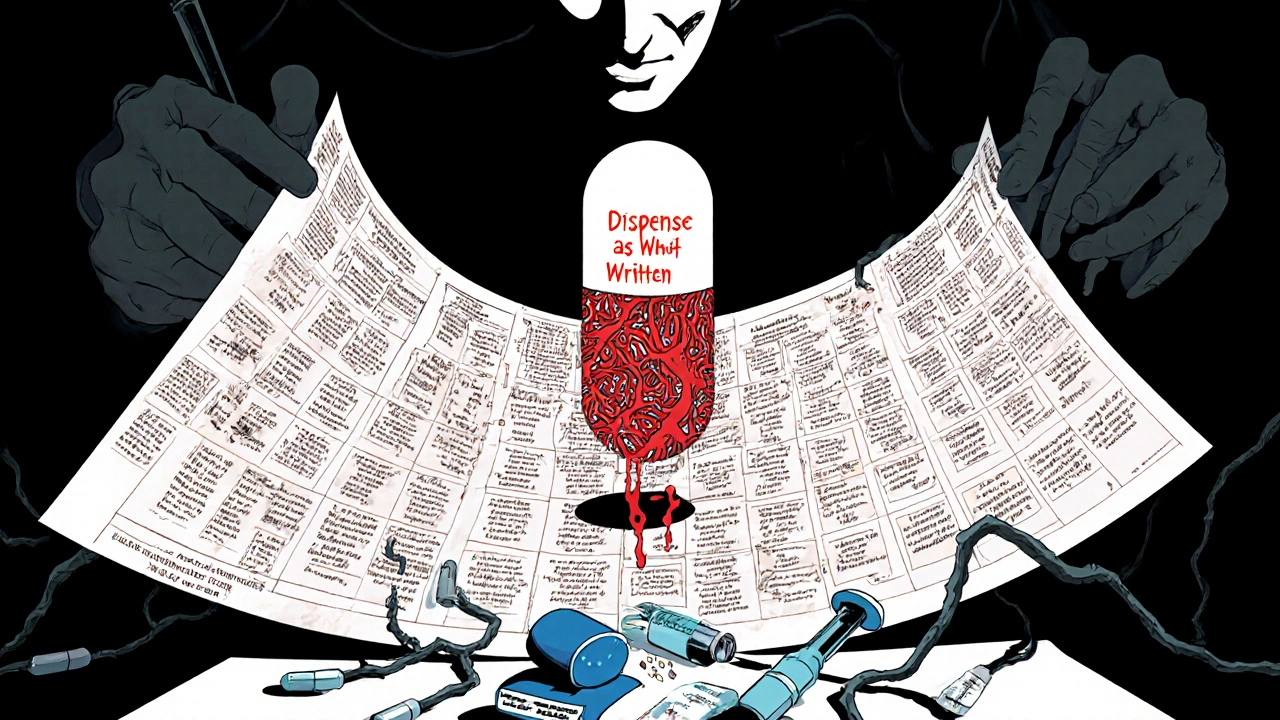 A floating pill splits open to reveal a labyrinth of nerves, while a faceless pharmacist looms over medical charts.