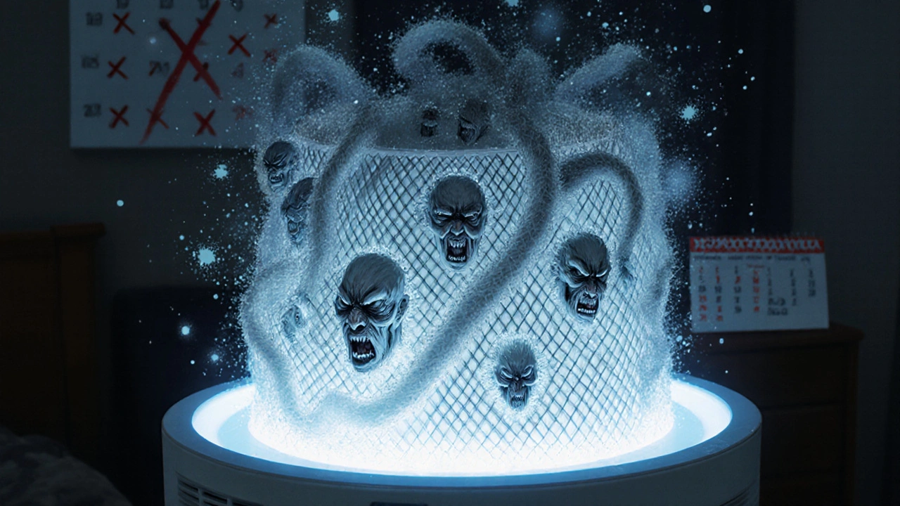 A HEPA filter with writhing filaments trapping screaming pollution particles in eerie blue light.