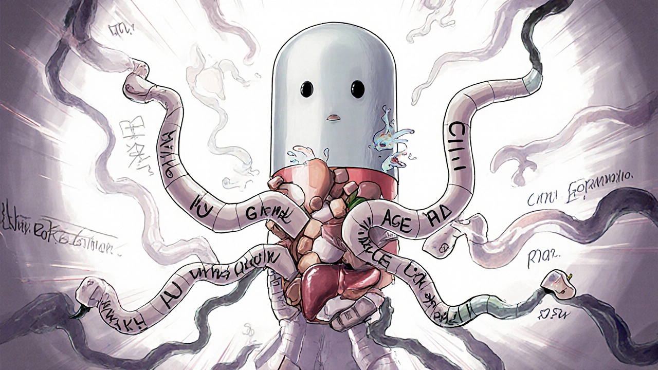 A monstrous pill with human face sending drug tendrils into organs under flickering light.