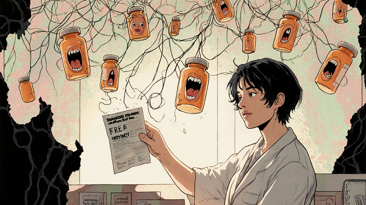 A patient&#039;s hand dissolving into threads connected to floating prescription bottles with screaming faces in a pharmacy.