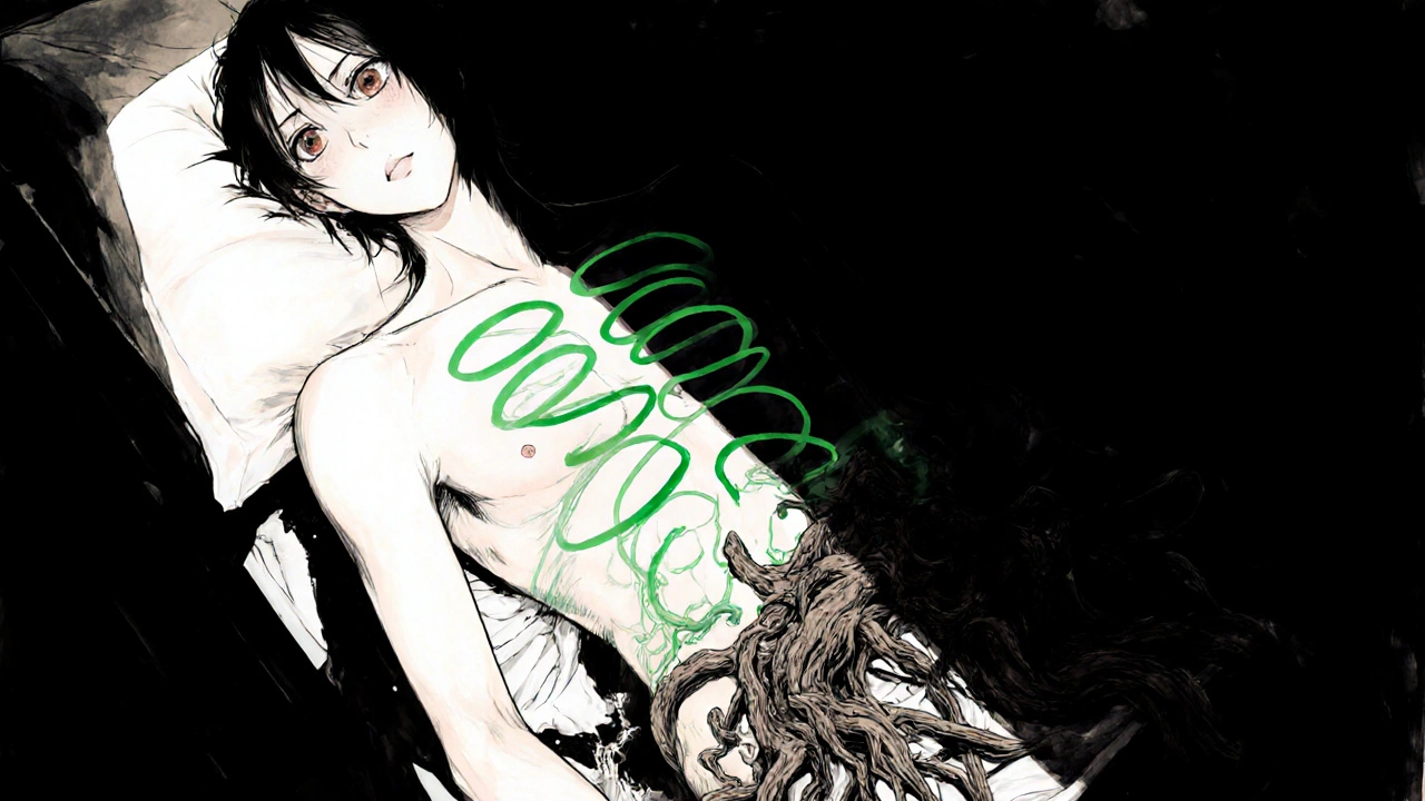 A patient at dawn, one side of body free of nausea symbols, the other consumed by constipation roots crawling into the mattress.