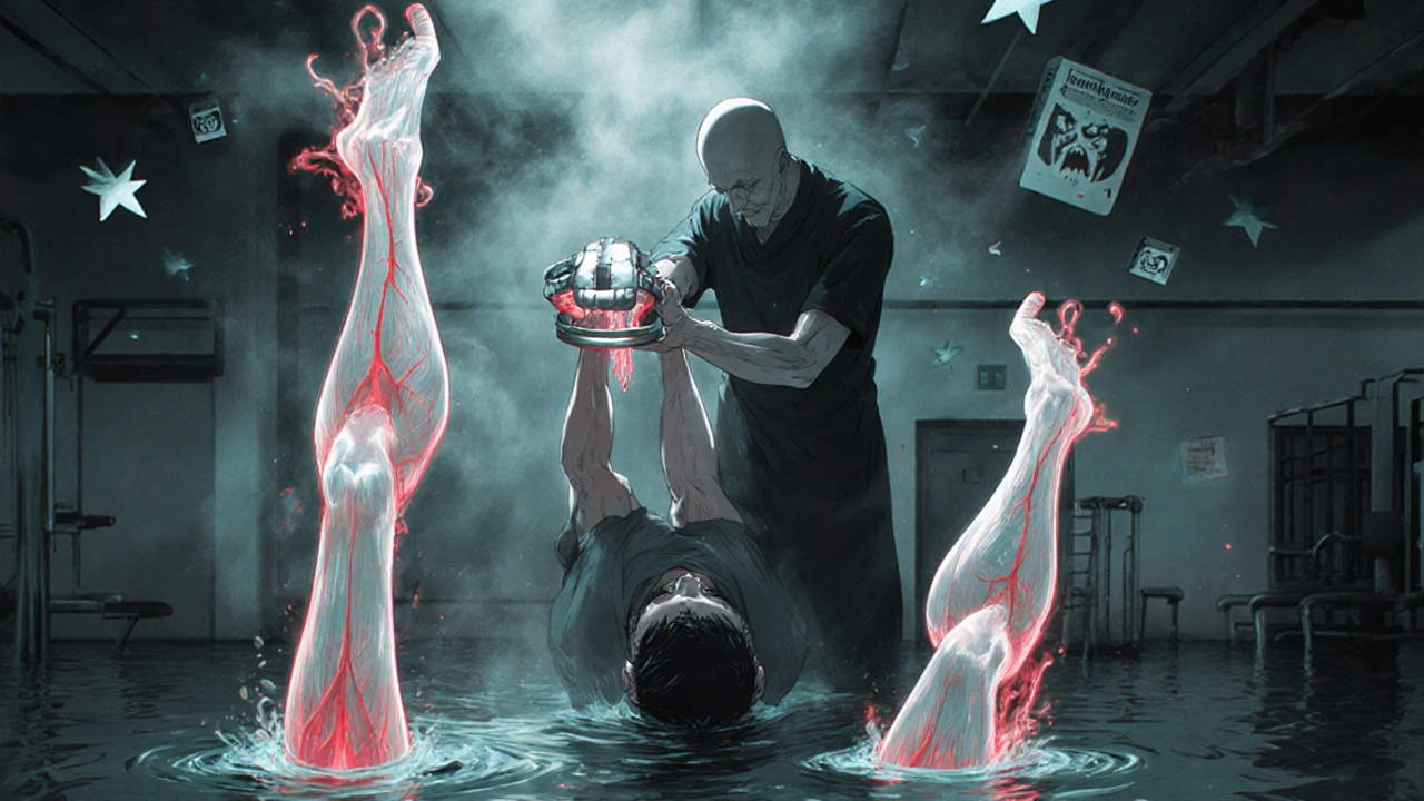 A patient doing physical therapy in water, ghostly muscles rising around them as a towering figure adjusts a floating brace.