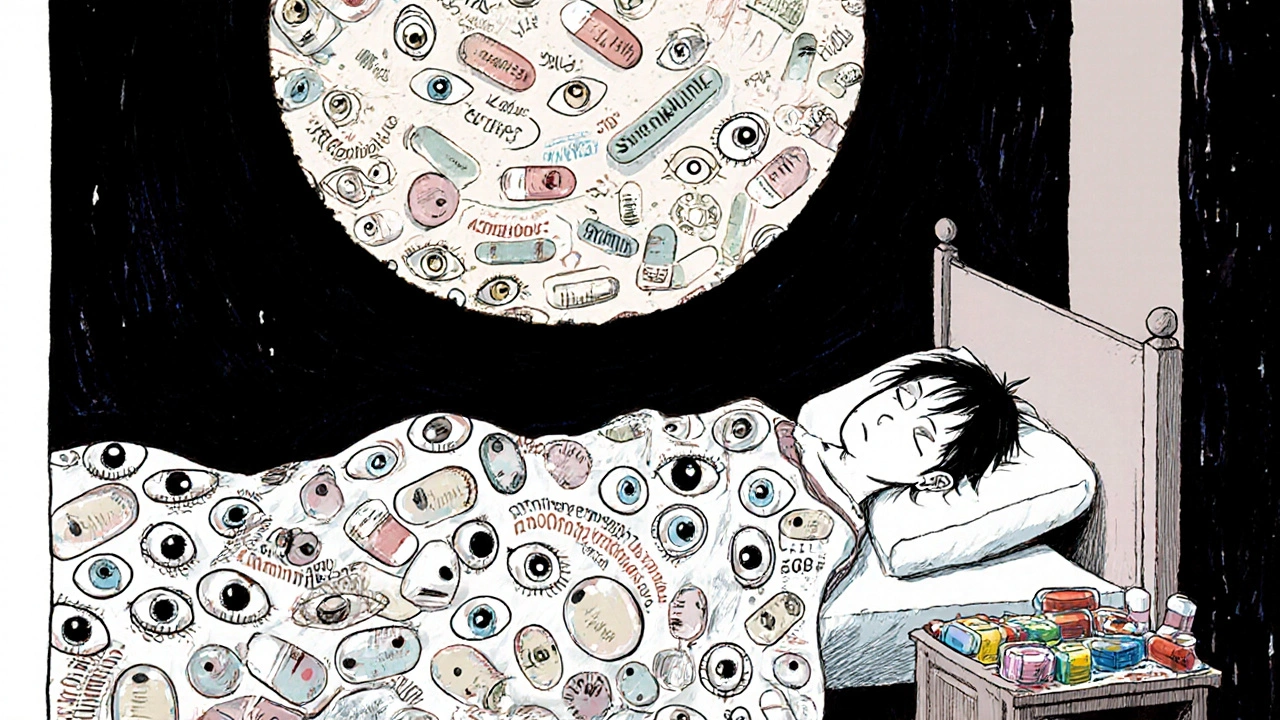A patient lies surrounded by pill-shaped eyes and a towering whispering generic pill looming overhead.
