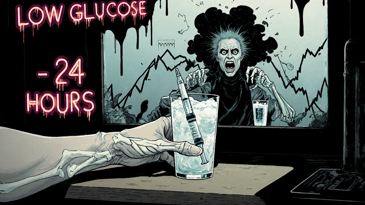 A person drinking vodka soda at a bar, their hand revealing insulin syringes, with a mirror showing a screaming reflection.