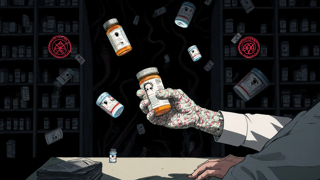 A pharmacist&#039;s hand turns into tentacles of prescription labels as floating pills form a haunting labyrinth.