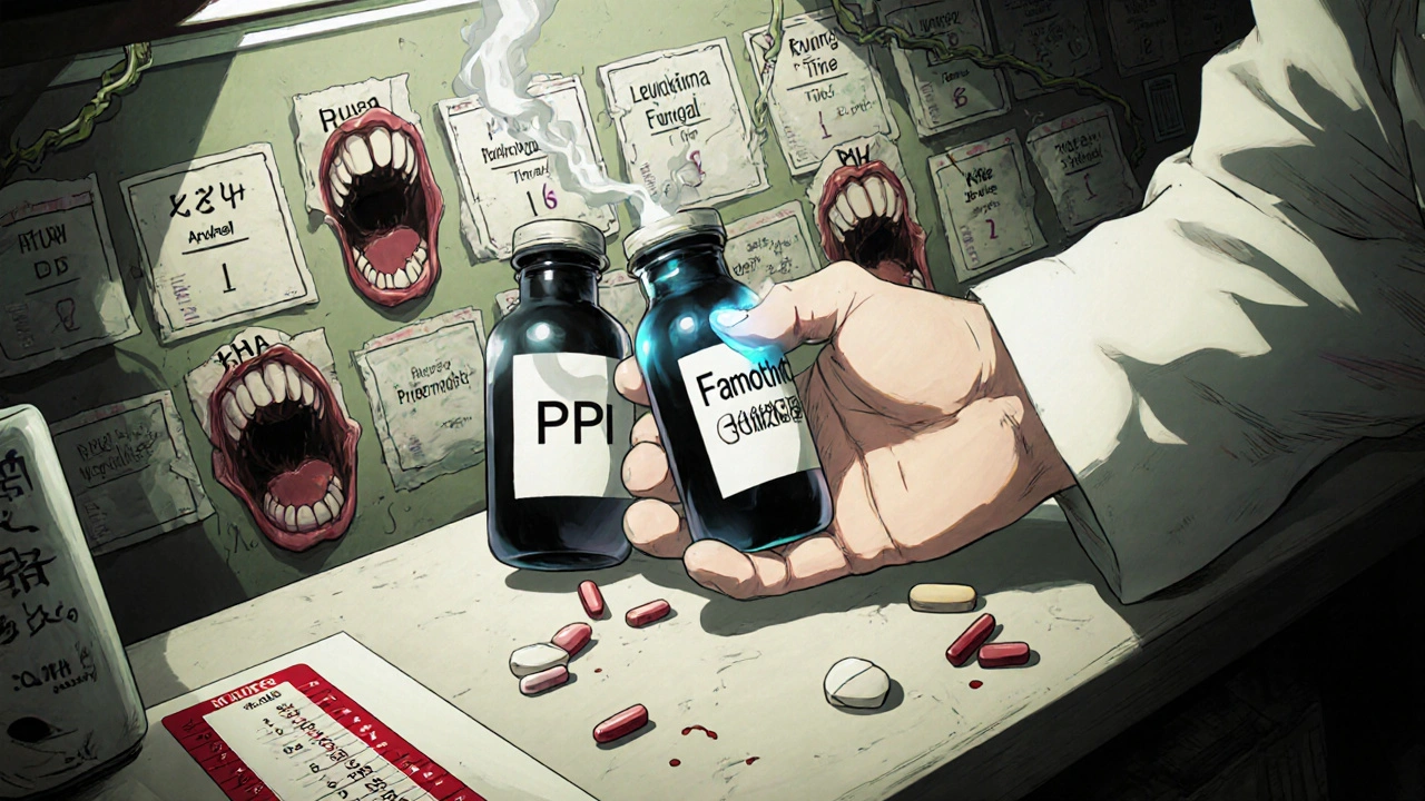 A pharmacist offering two bottles, one emitting black smoke, the other blue light, amid screaming prescription labels.