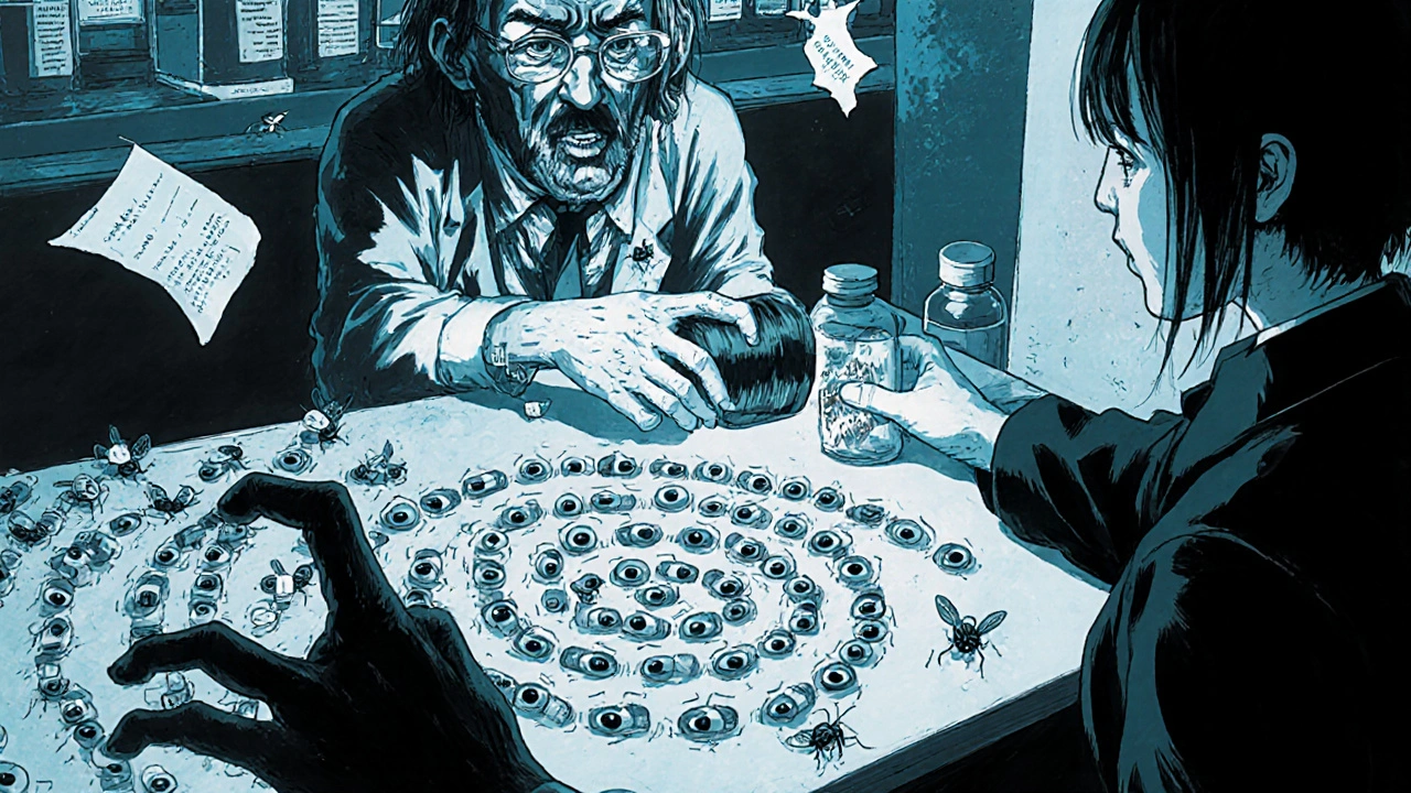 A pharmacy counter with a melting pharmacist and crawling pills under flickering lights, a shadowy hand reaching for a bottle.