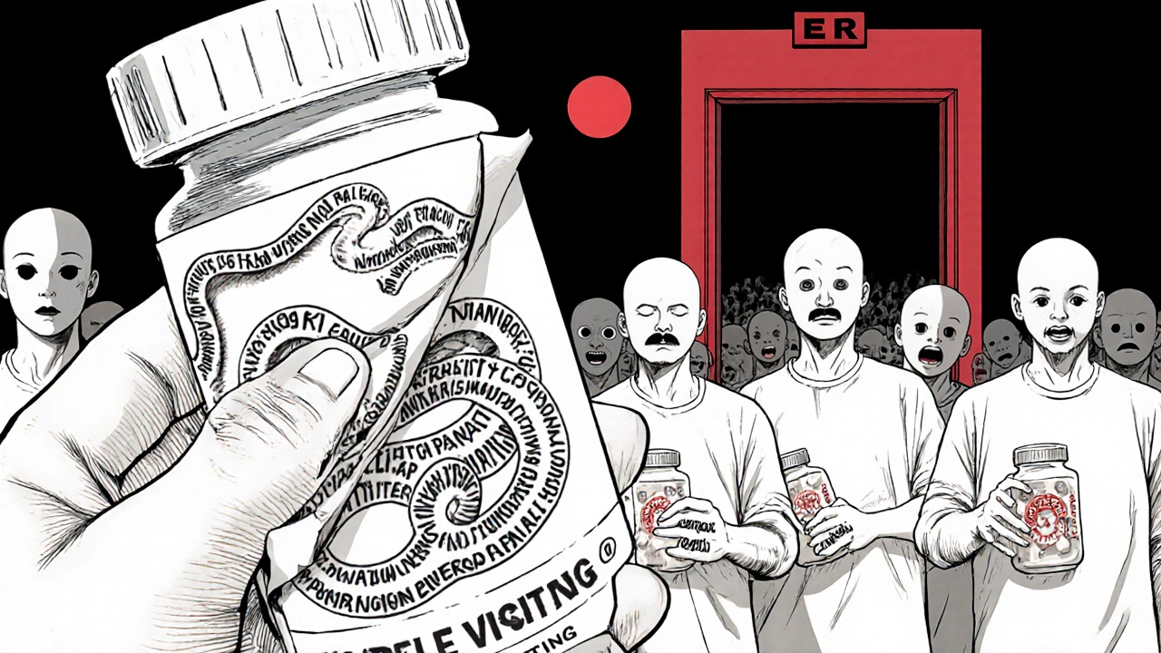 A photo of pills peeling away to reveal writhing text, with a crowd of identical patients in the distance under a red moon.