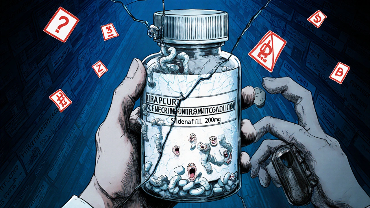 A pill bottle&#039;s label twists into screaming faces, reflected on a cracked phone screen with a corrupted URL, surrounded by red warning symbols.