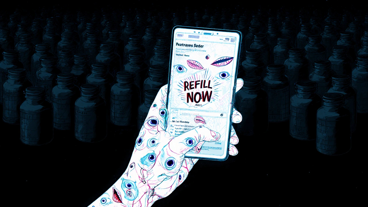 A smartphone screen with a writhing interface of eyes and mouths, veins crawling up a hand reaching toward it.