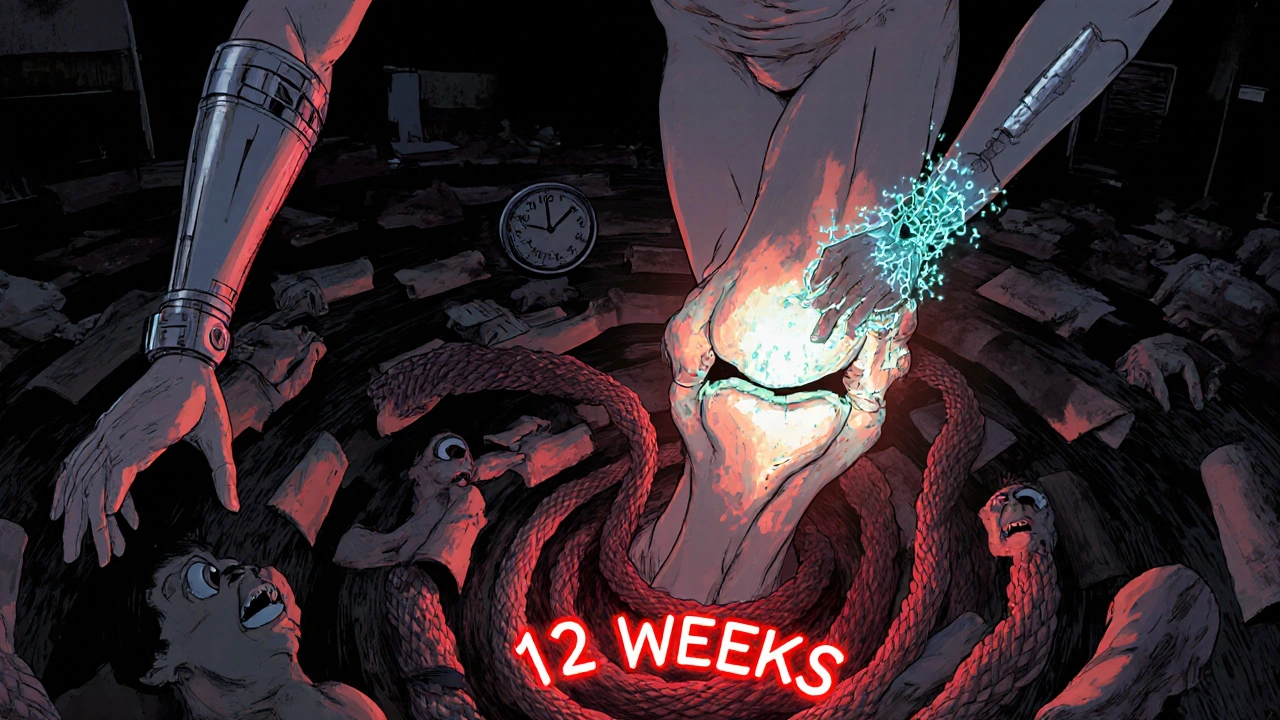 A surreal human-knee hybrid with a smart brace and injection, surrounded by a vortex of suffering patients and a ticking clock.