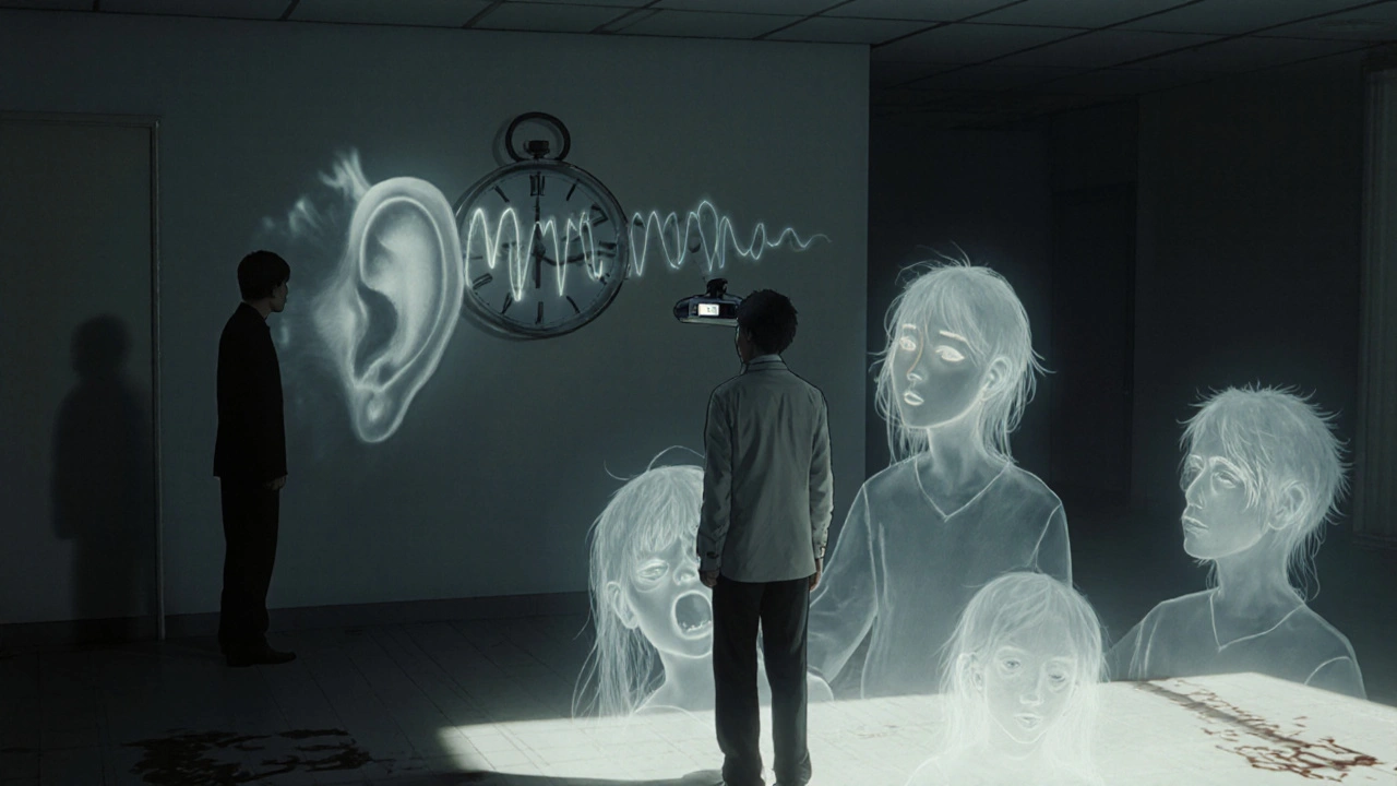 An audiologist testing high frequencies as sound waves become screaming ghost voices, a patient&#039;s shadow forming a void-like ear.