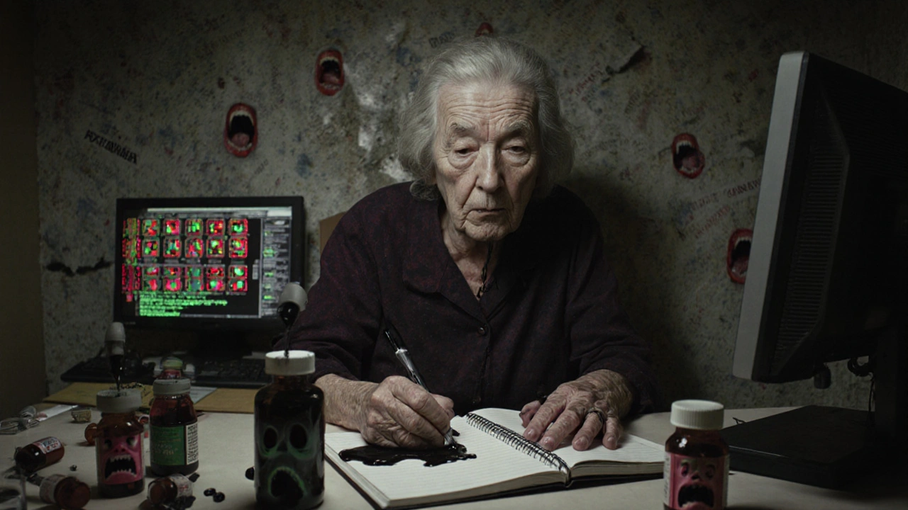 An elderly woman sits amid oozing pill bottles, her reflection showing screaming faces on a medical monitor.