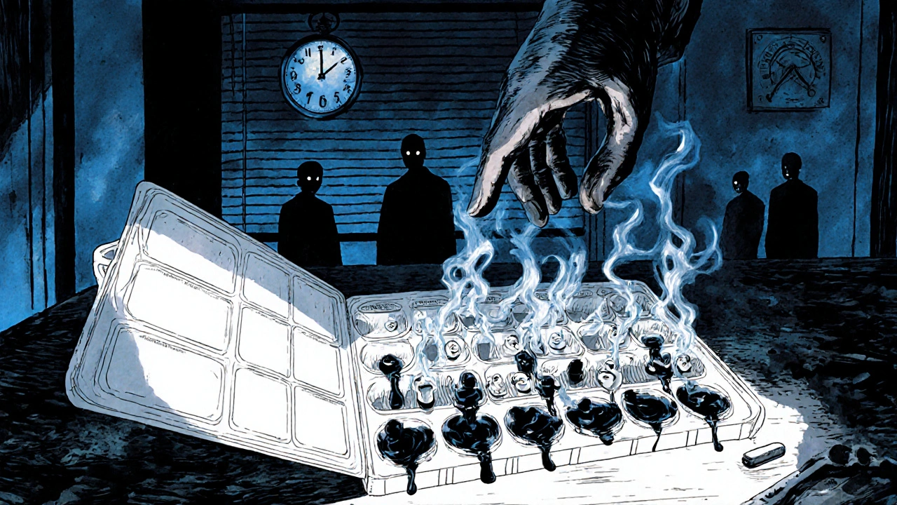 An open pill organizer with empty slots oozing dark smoke shaped like screaming faces, under moonlight.