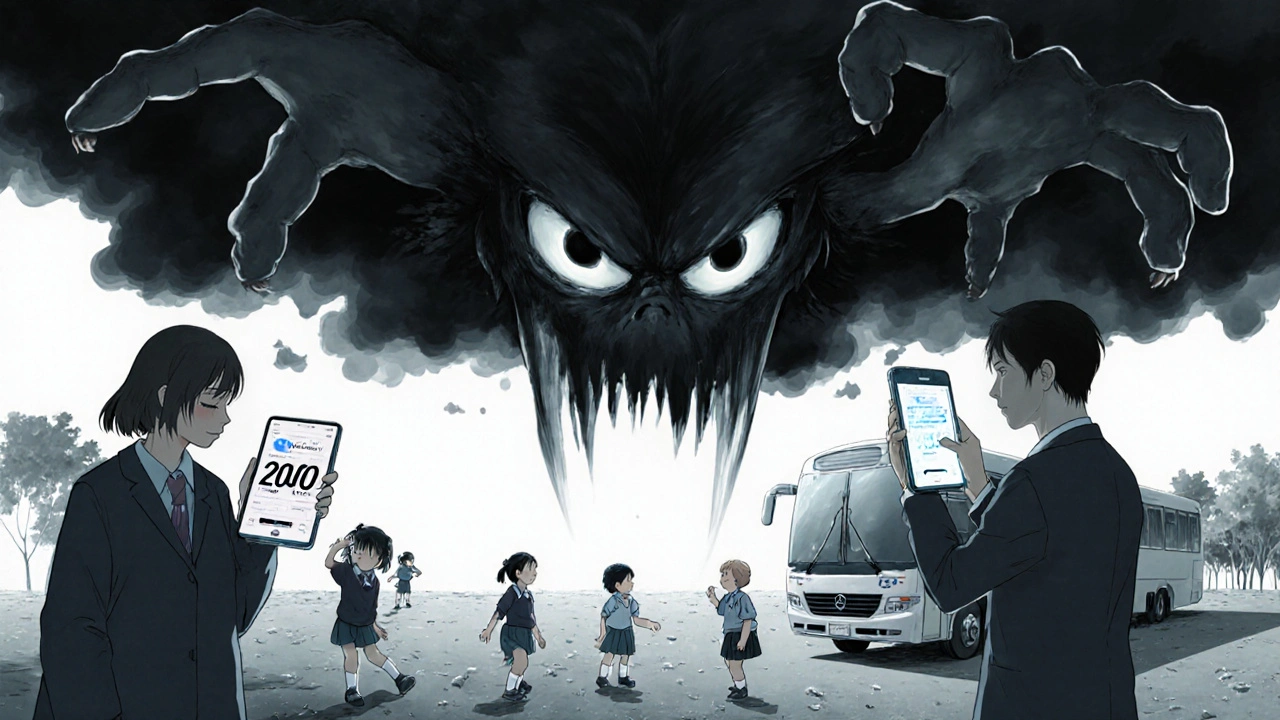 Children playing under a polluted sky as a school bus exhales a monstrous face, AQI reading glowing red.