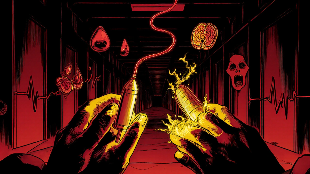 Copper IUD and birth control pill connected by fraying red threads, dissolving into screaming symbols.