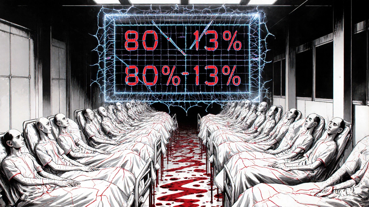 Faceless volunteers in a horror lab with a bleeding calculator displaying bioequivalence limits.