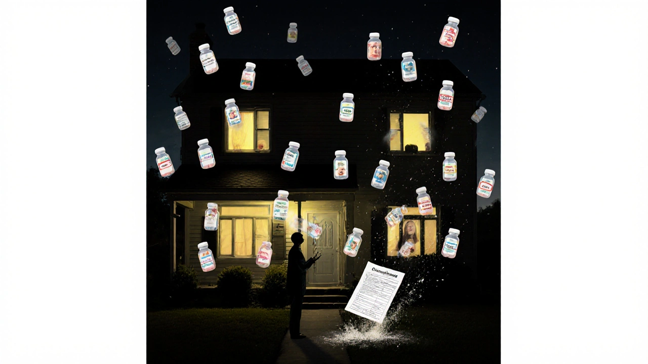Hundreds of floating pill bottles with patient faces drifting from a house into the night sky.