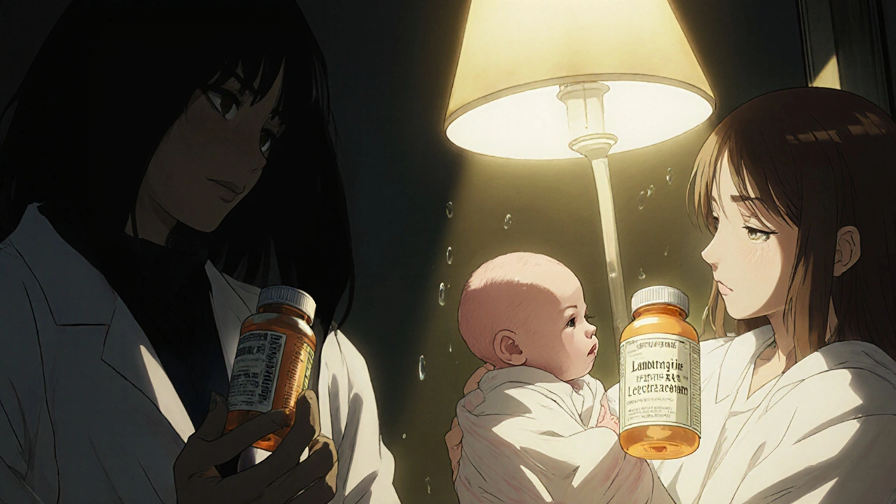 Mother holds newborn with half-mask face, glowing medication bottles cast protective golden light.