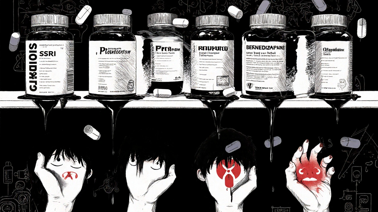 Pharmacy bottles weeping black tears into human shadows, one shadow clutching a permanent red symbol while others fade away.