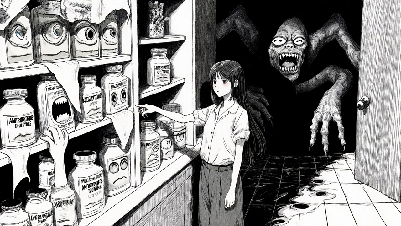 Pharmacy bottles with screaming faces, one woman reaching for nortriptyline as her shadow becomes a monstrous TCA entity.