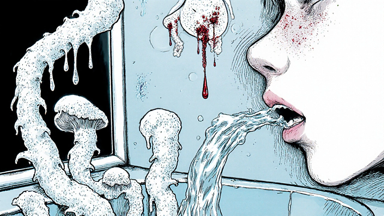 White fungal growth spreading from rinsed water after inhaler use, symbolizing thrush risk.