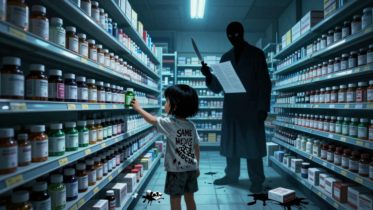 A child reaches for a generic pill bottle in an endless pharmacy aisle, their parent’s shadow forming a faceless pharmacist.