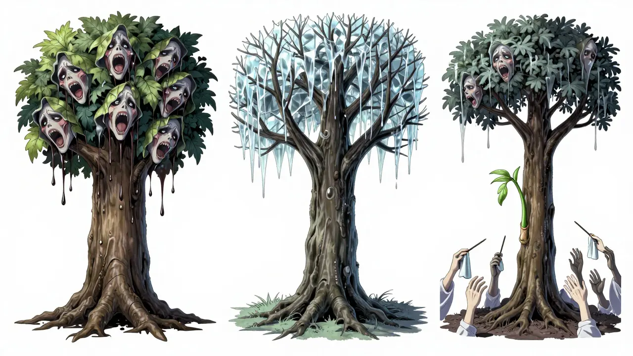 A decaying tree symbolizing frozen shoulder's three stages, with ghostly hands reaching from the ground.