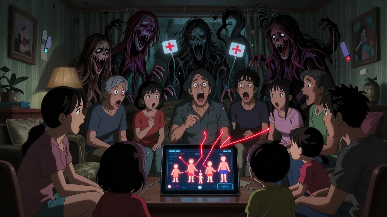 A family gathered around a tablet, glowing family avatars connected by snapping threads in a shadowy room.