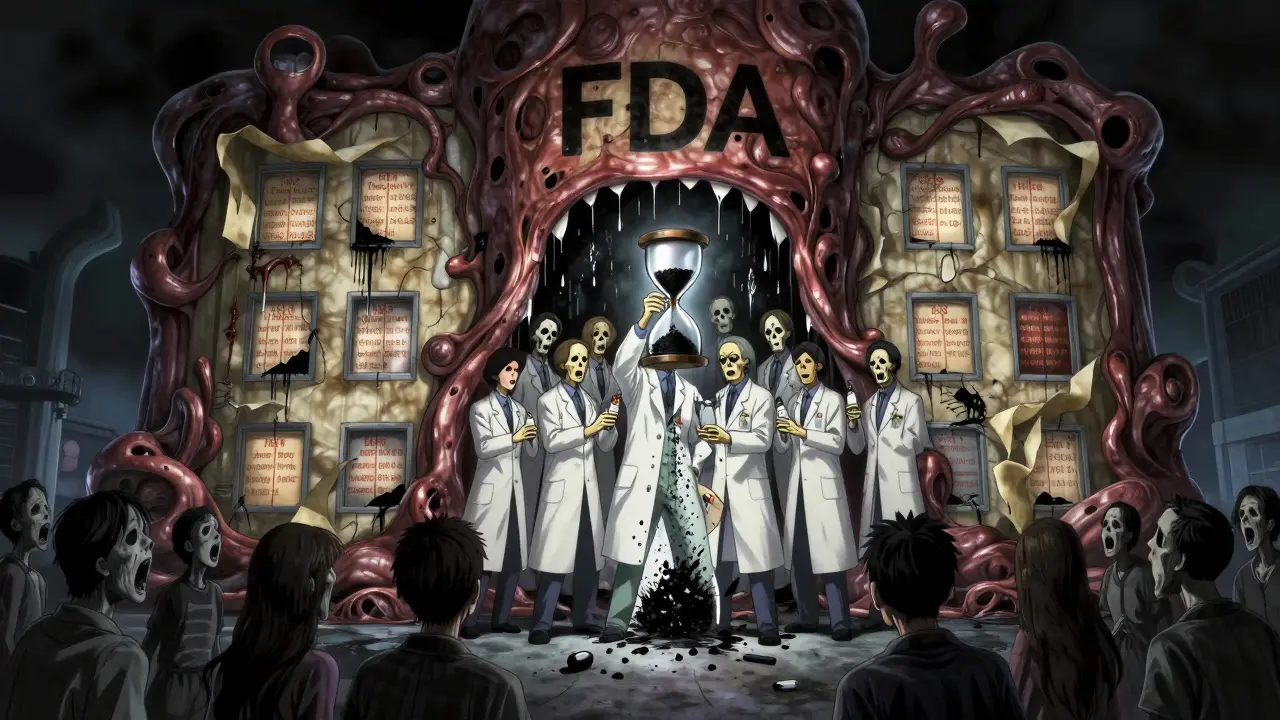 A flesh-and-parchment FDA building weeping ink, with twelve skeletal scientists holding hourglasses as a drug shatters.