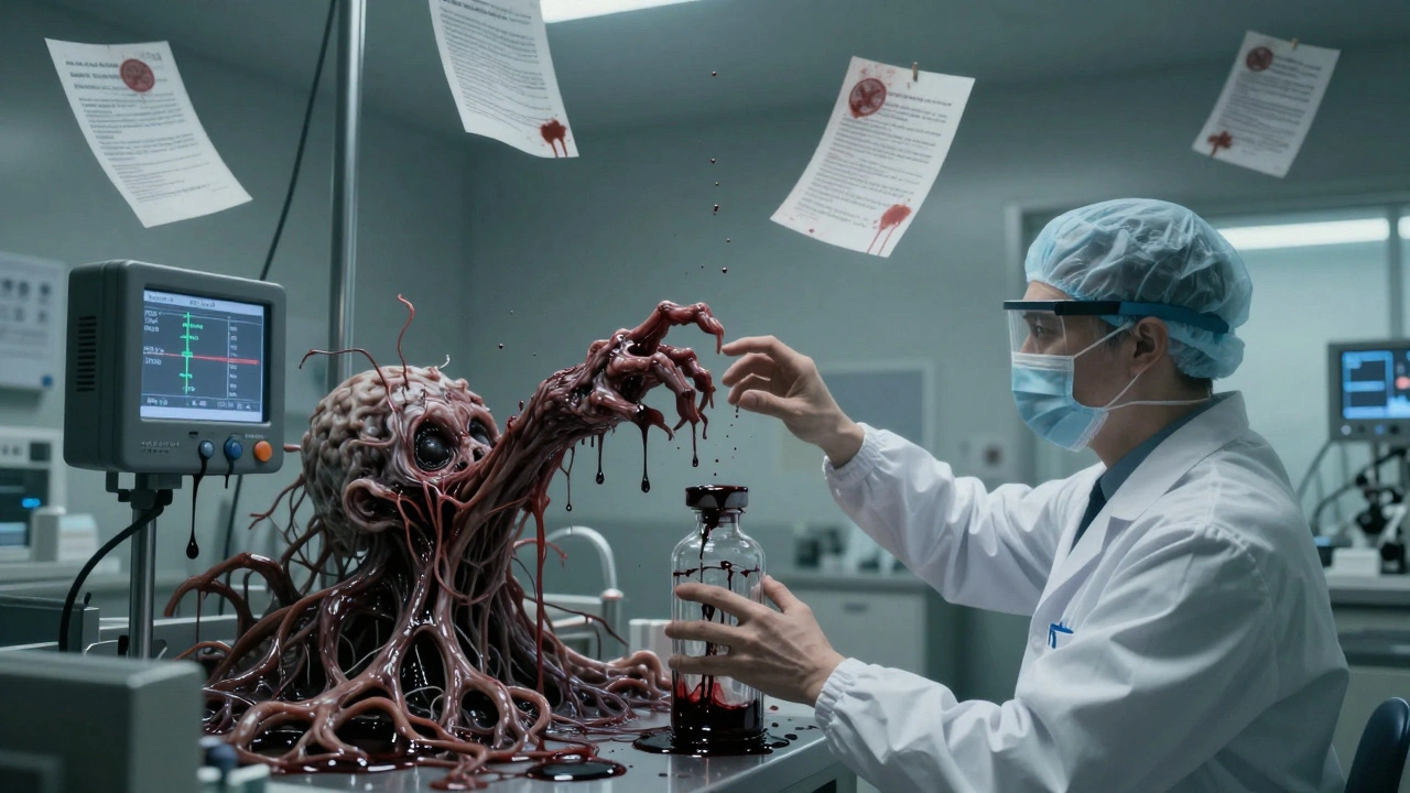 A grotesque manufacturing room where equipment bleeds and a technician&#039;s hand fuses with a vial, surrounded by floating cursed petitions.