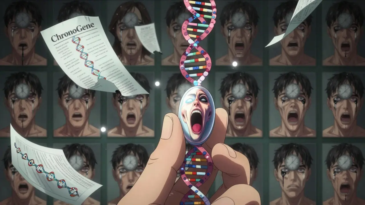 A hand holding a pill that unravels into a screaming DNA helix, surrounded by peeling medical charts and clock-eyed portraits.