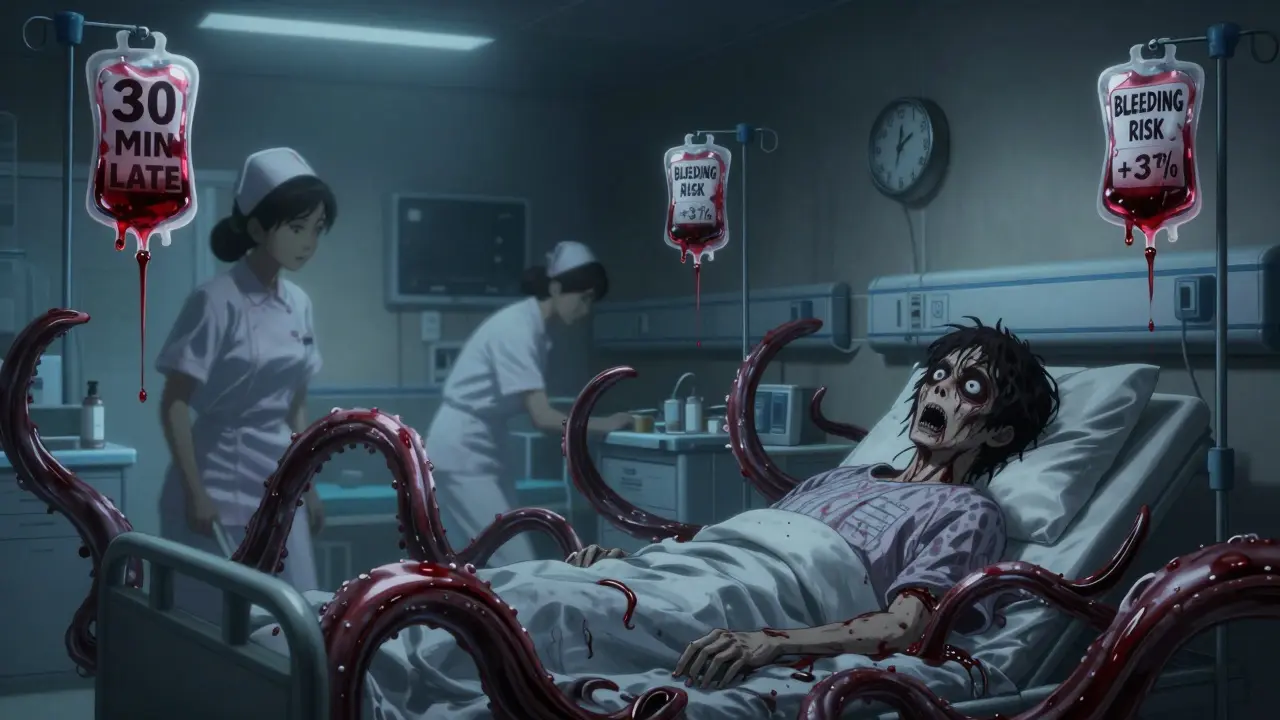 A hospital ward at night with nurses surrounded by screaming clock hands and dripping IV bags forming warning text.