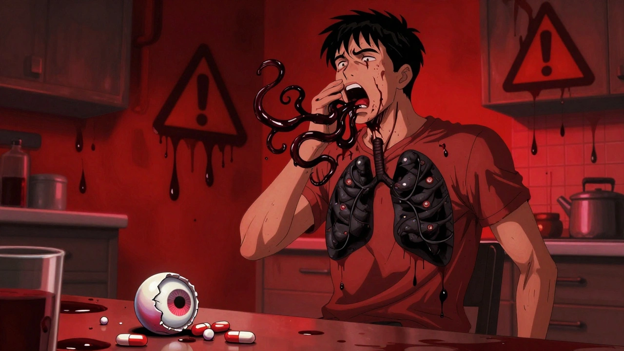 A man gasping for air, ink-like tendrils choking his throat, ticagrelor pills scattered on the floor.