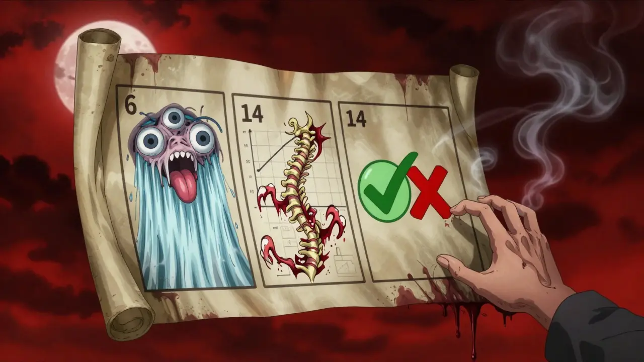 A medical label floats with grotesque icons and symbols exploding into eyes, tongues, and a twisting spine.