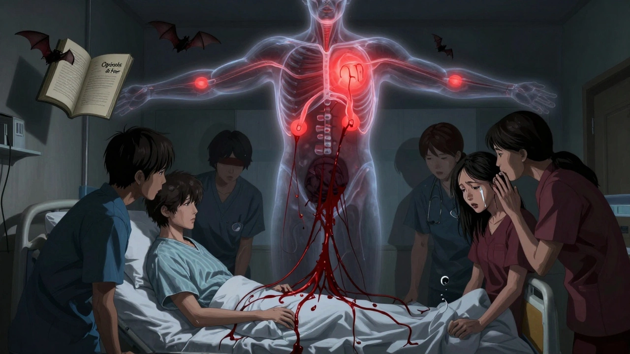 A palliative care team surrounded by a floating body diagram bleeding ink, distorted shadows, and a book opening on its own with screaming pages.