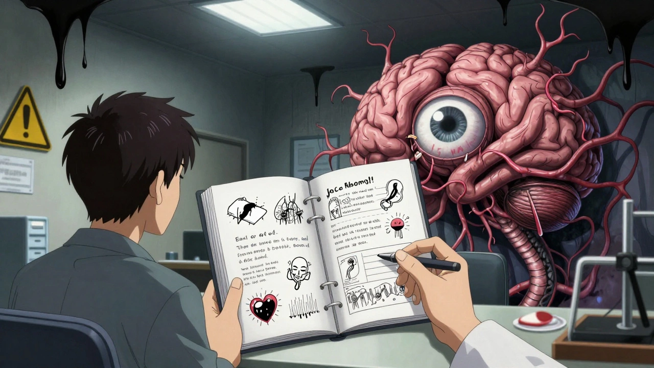 A patient handing a journal to a doctor as the room transforms into a monstrous, pulsing brain.