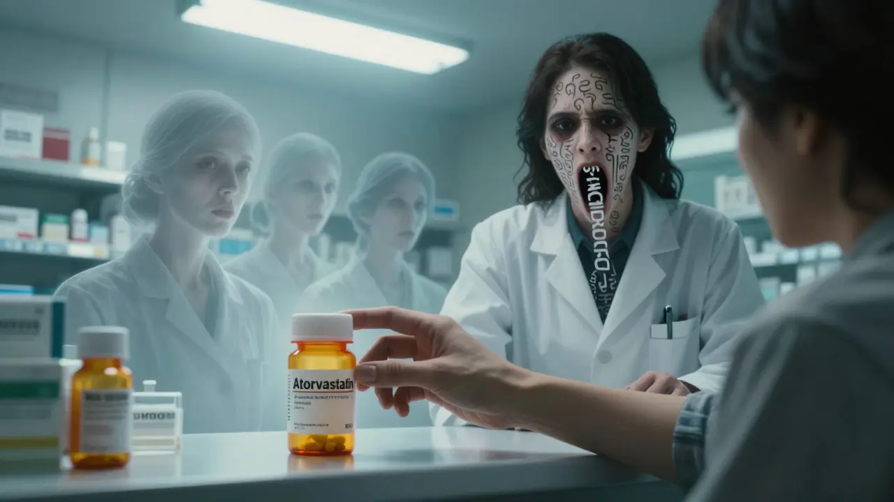 A patient reaching for a generic pill bottle at a pharmacy, with ghostly brand images behind them.