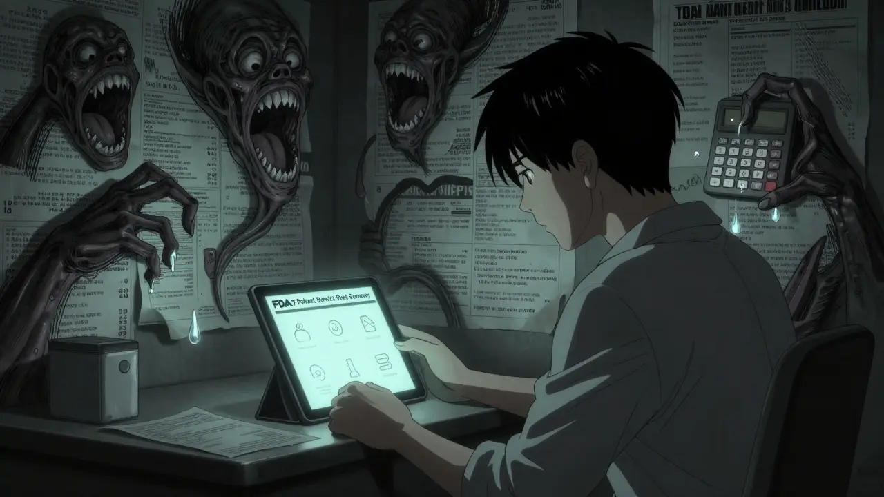 A patient stares at a simple benefit-risk icon while a monstrous, living label crawls up the walls behind them.