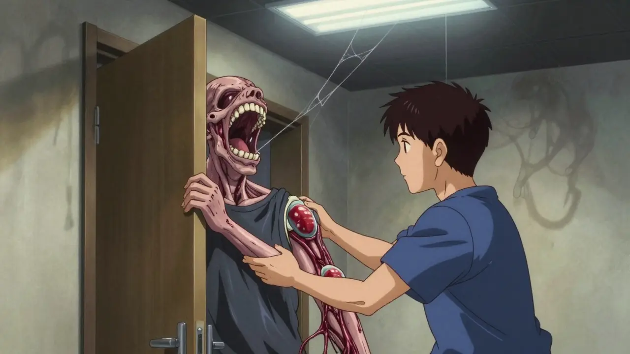 A therapist guiding a paralyzed arm through a doorway that resembles a screaming mouth, scar tissue visibly contracting.