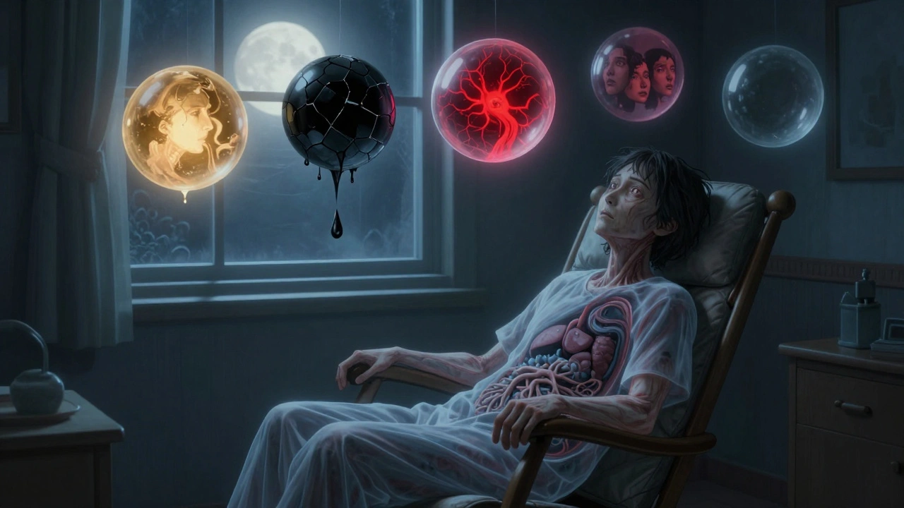 A translucent hospice patient in a rocking chair with five floating orbs representing comfort, side effects, anxiety, spiritual distress, and fear.