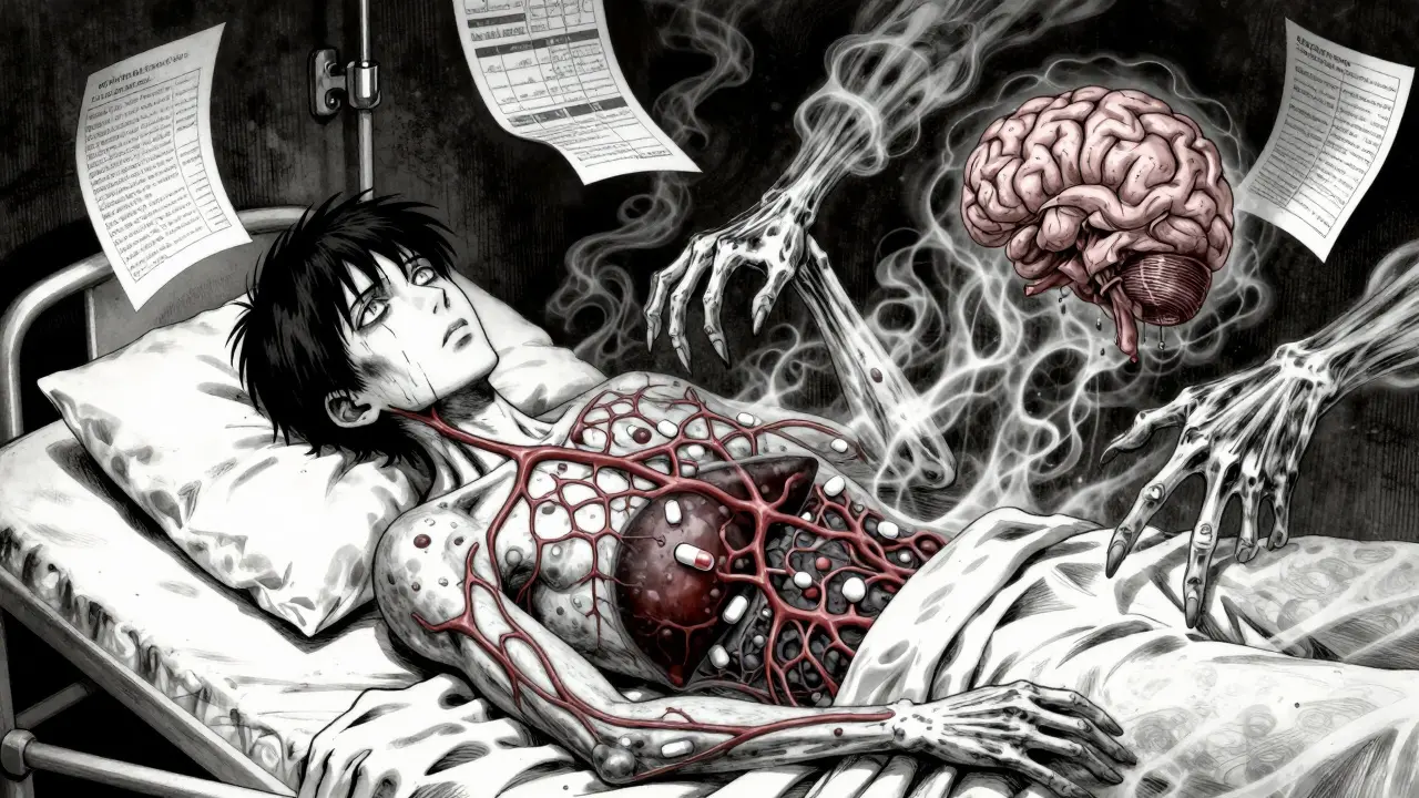 A translucent patient with opioid molecules in their blood, ghostly hands from the liver reaching toward the brain.