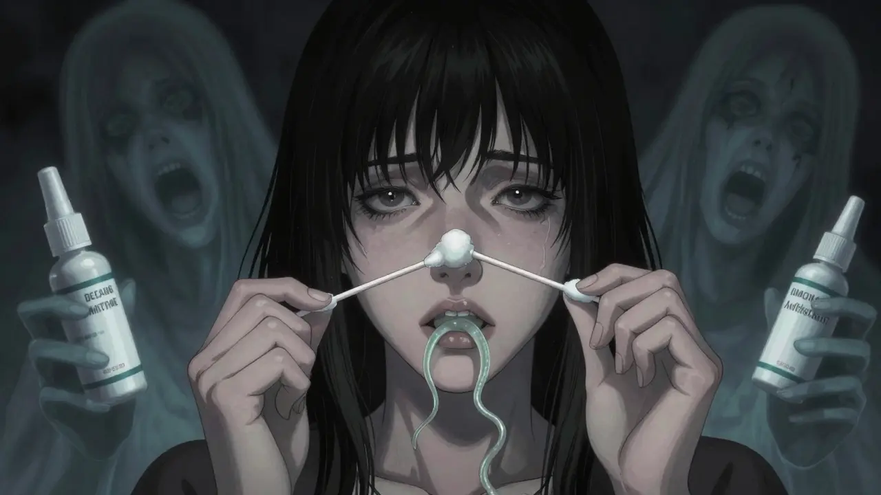 A woman applying jelly to her nostrils while worm-like creatures crawl inside, surrounded by sinister pill spirits.