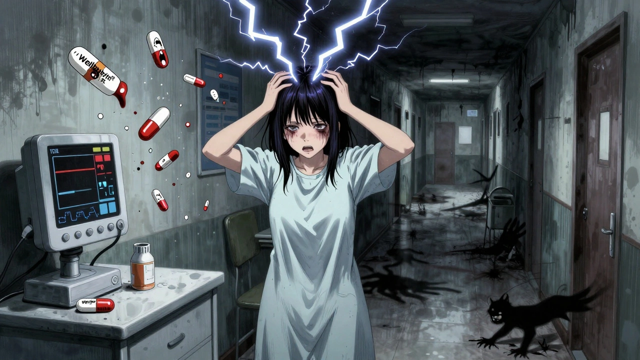 A woman having a seizure, medical monitors flatlining, pills dissolving into screaming faces.