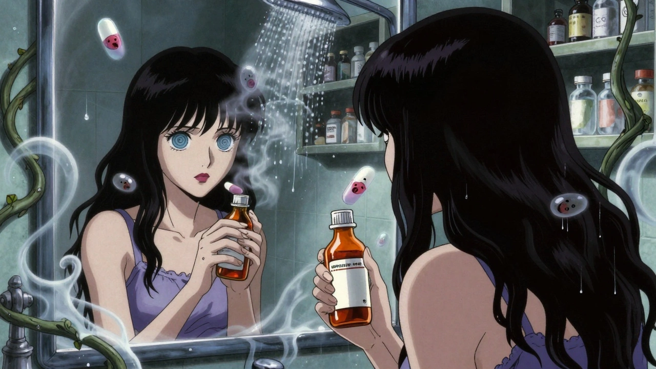 A woman in a bathroom mirror, surrounded by floating expired pills with screaming faces, steam twisting into vines.
