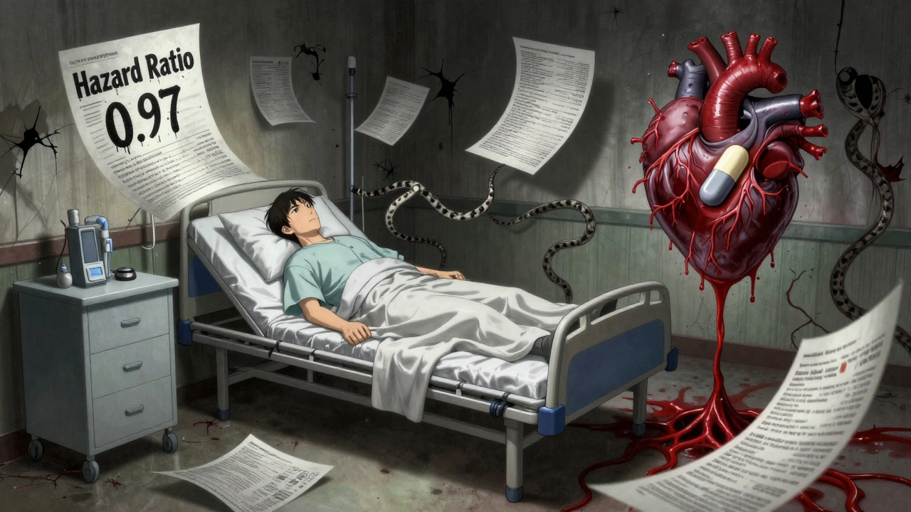 An ALS patient in bed surrounded by twisting medical reports and a heart with a statin tablet embedded, blood veins spreading below.
