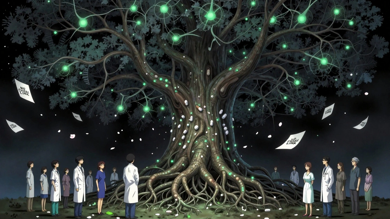 An ancient tree made of statin pills and neurons grows through a clinic, with doctors and patients watching white papers drift upward.