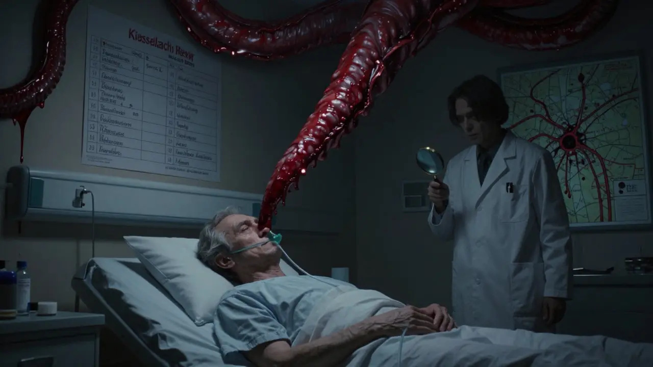 An elderly man in bed with a monstrous blood vein erupting from his nose, dripping onto his medication chart under eerie hospital light.